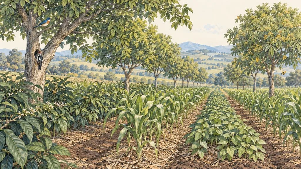 Ilustración de Agroforestería con cultivos