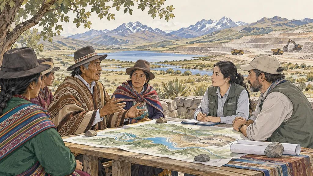 Illustration of Derechos indígenas y consentimiento en minería