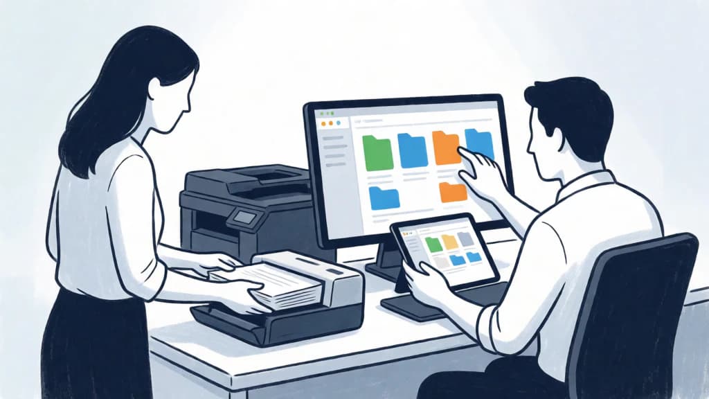 Ilustración de Digitalización de documentos y menos impresión