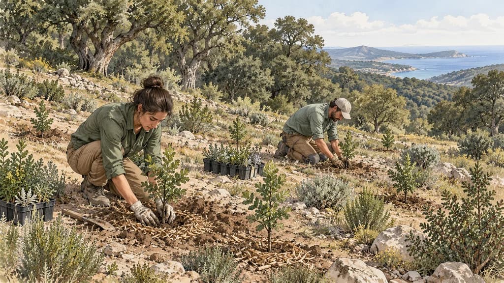 Ilustración de Reforestación con especies nativas y diversas