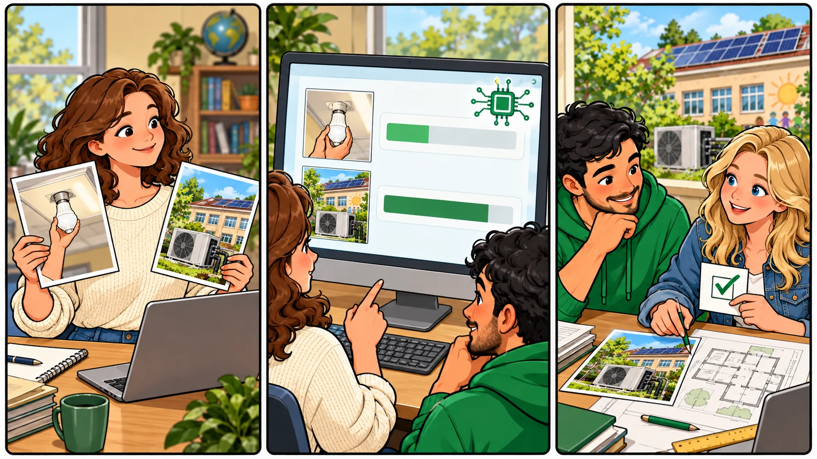 Tres viñetas: una persona reúne dos acciones, la IA ayuda a valorar su alcance y una revisora contrasta la valoración con la información del proyecto.