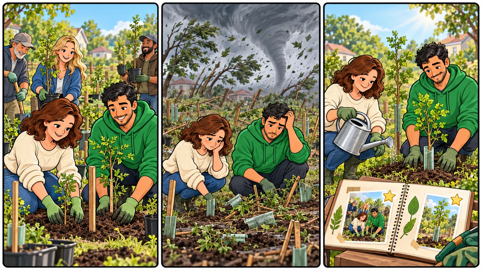 Historia ilustrada en tres viñetas sobre «Reconocer los intentos valiosos»