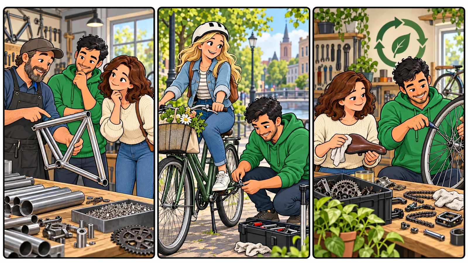 Historia ilustrada en tres viñetas sobre «Considerar todo el ciclo de vida»