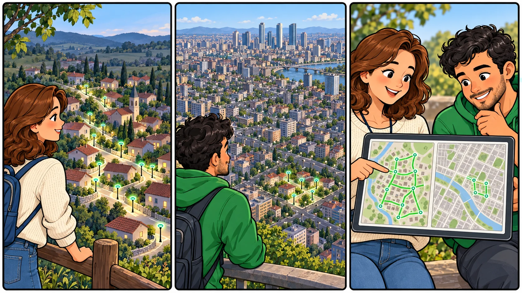 Tres viñetas: una mejora del alumbrado abarca gran parte de un pueblo y una pequeña zona de una ciudad; dos mapas muestran su alcance respecto a cada municipio.