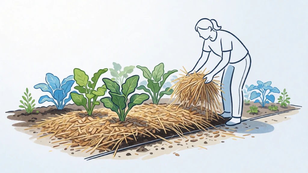 A layer of material covers the soil around plants to retain moisture.